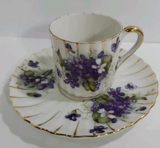 Vintage Yada China Demitasse Cup & Saucer Set Purple Violets & Gold  Japan 