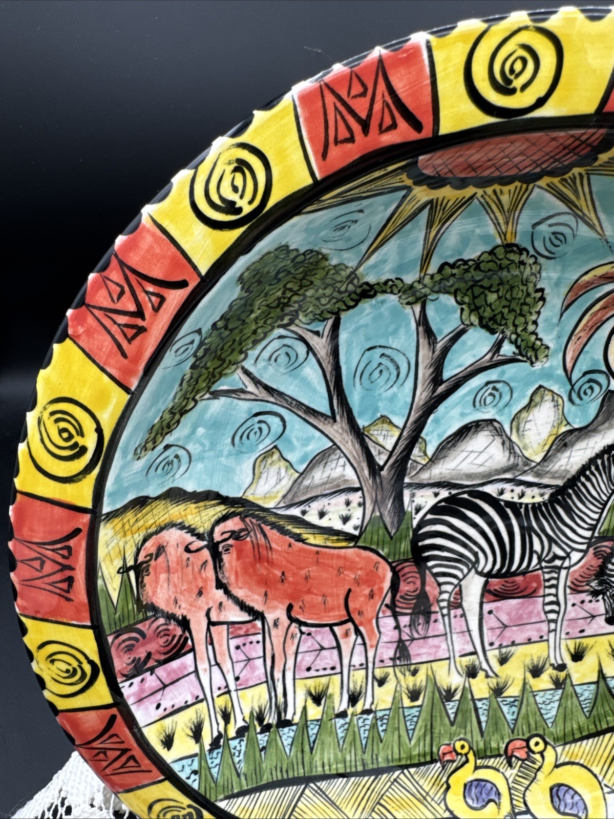 Penzo Zimbabwe Bowl 1999 Hand painted African Art Pottery 9.5” Safari READ More