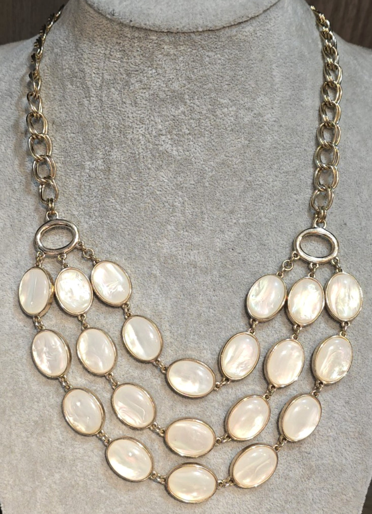 Talbots Genuine Mother of Pearl 3 Row Bib Necklace Gold Tone