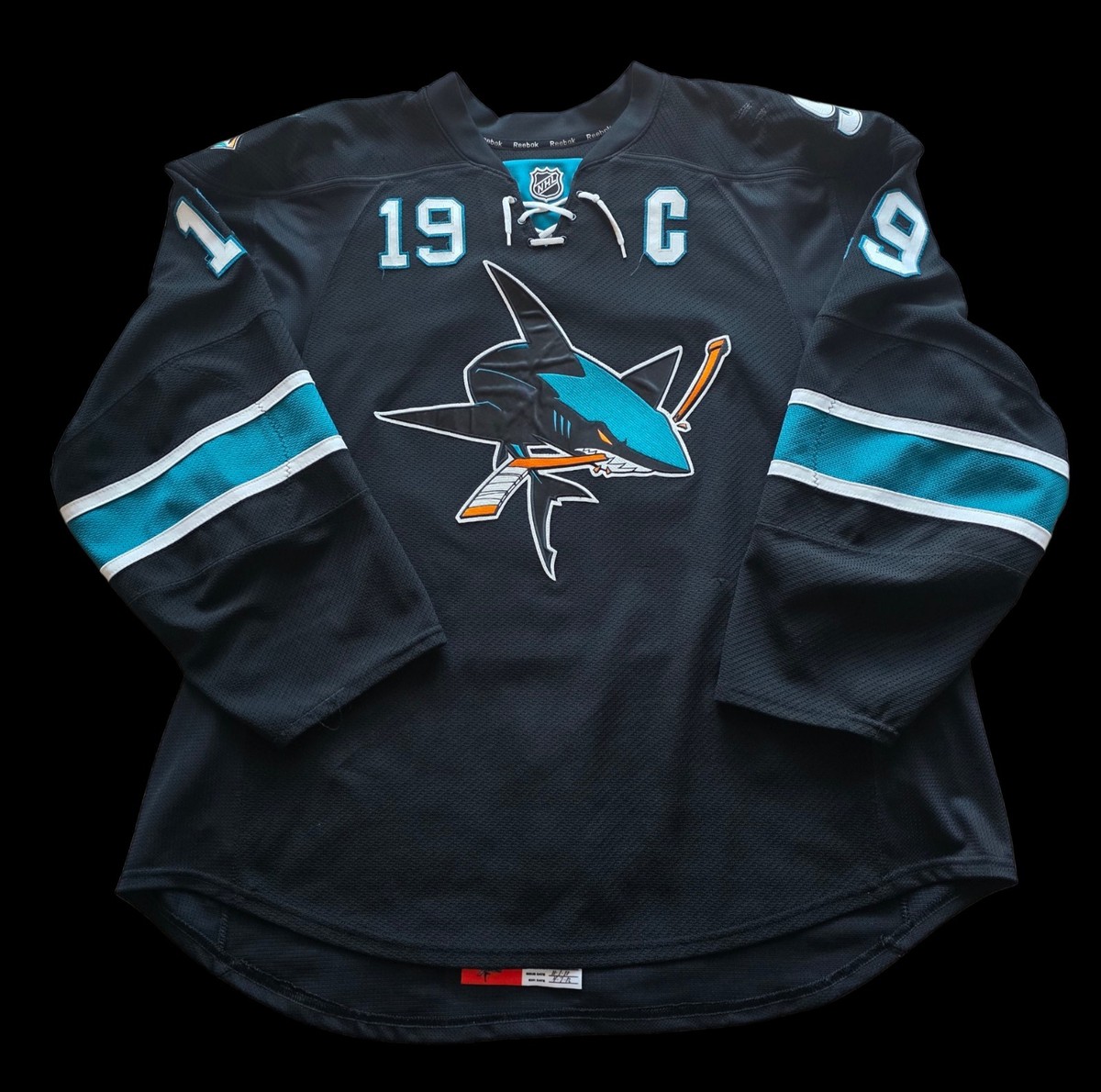 Game Worn Captain Jumbo Joe Thornton Black Armor Alternate Jersey