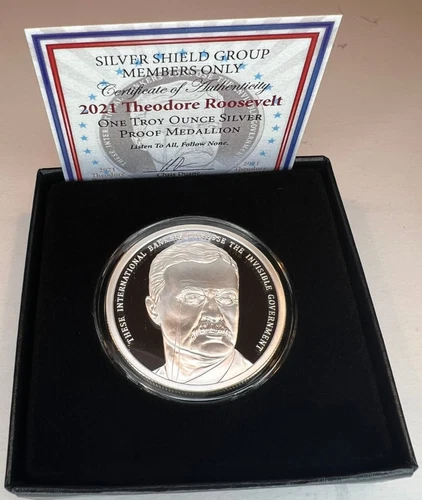 2021 Teddy Roosevelt Silver Shield 1oz Proof w/COA "Invisible Government"