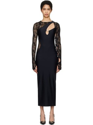 Versace Jeans Couture Lace-Inset Cut-Out Black Midi Dress with Logo Bar