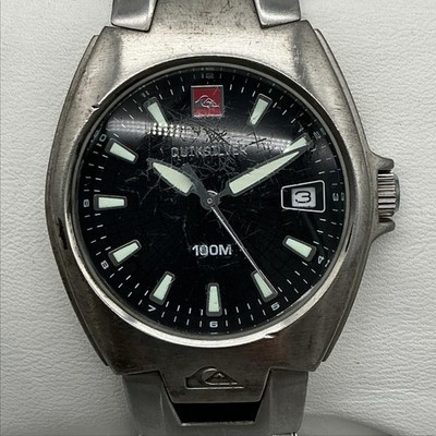 Quiksilver Mens Watch 34mm Black Dial 100M Date Silver Tone New Battery 7.75''