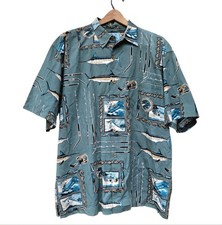 Vtg Aftco Bluewater Shirt Men’s XL Swordfish Hawaiian Blue Button Down USA Made