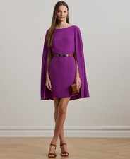 Lauren Ralph Lauren Cape Georgette Cocktail Dress Women's 6 Purple Hook & Eye