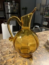 Amber Hand Blown Optic Ribbed Pitcher
