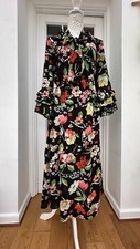 Black & orange chiffon floral round neck 3/4 sleeve tiered flared maxi dress 