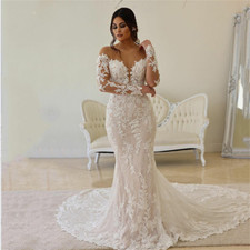 Long Sleeve Lace Mermaid Wedding Gown Off Shoulder Illusion Low Back Train Dress