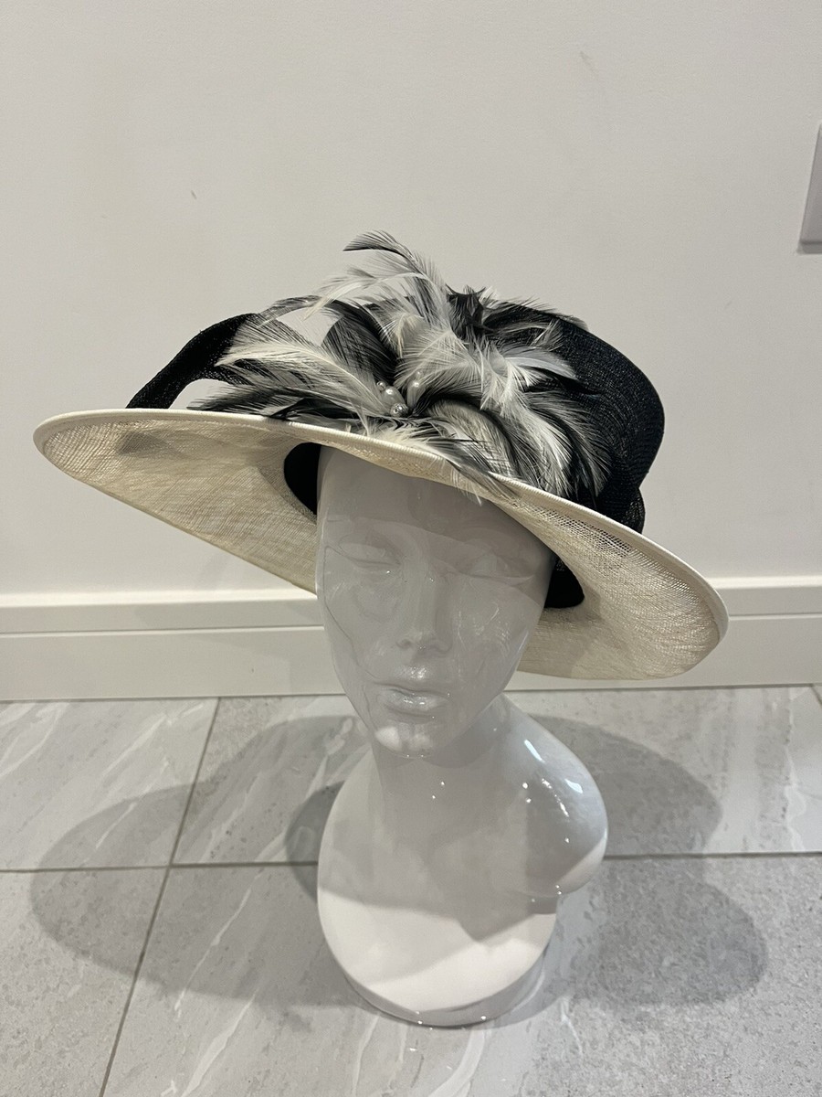 Debenhams Off White Black Wide Brim Sinamay Feather Wedding Funeral Event  Hat