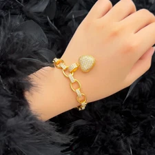 Noble Yellow Gold Plated Heart CZ Bridal Wedding Love Charm Link Chain Bracelet
