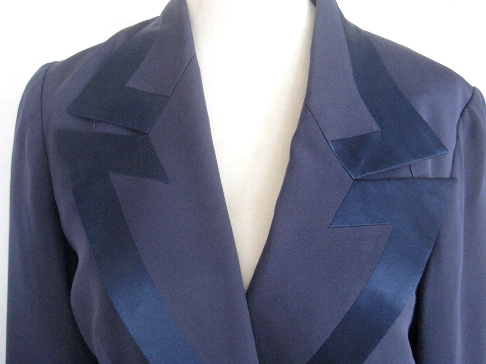 Blazer De Colección Richard Tyler Azul Marino Cuello con Muescas Doble Pecho Seda Talla 8 EE. UU. Foto 2 de 4