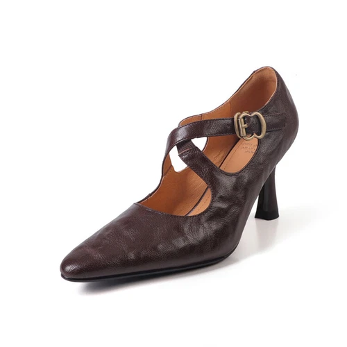 Zapatos Mary Jane de cuero para mujer con correa cruzada y punta puntiaguda tacón medio de moda - Imagen 13 de 18