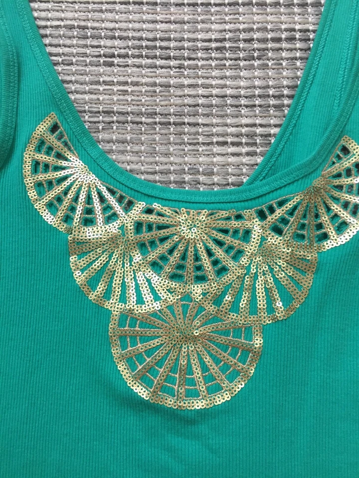 MODA INTERNATIONAL dress green tank ribbed gold sequin Y2K 90’s Beater small - Imagem 3 de 4