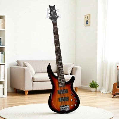 5-String Beginner P-Style Electric Bass Guitar Set-HH Pickups Full Size Sunburst