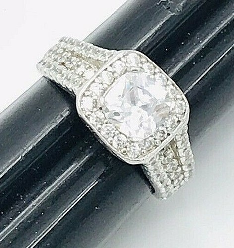 Sterling Silver 925 EG Cushion Halo CZ Engagement Ring Size 6 - Picture 4 of 12
