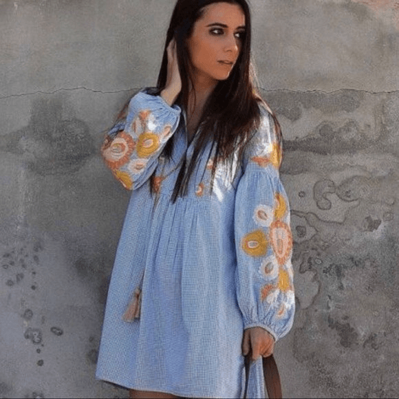 Zara Blue gingham Embroidered Mini Dress Floral Plaid Check