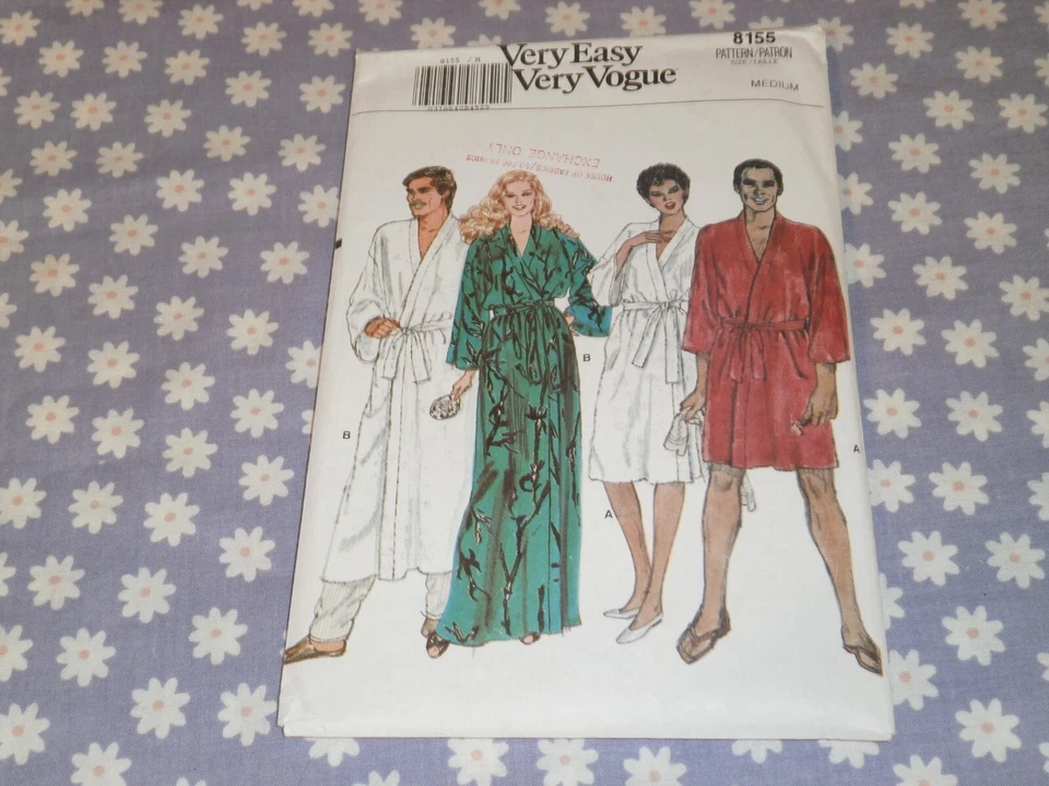 80's VOGUE 8155 MISSES & MEN'S FRONT WRAP ROBE IN 2 LENGTHS PATTERN-UNCUT-12-14 - Image 2 of 4