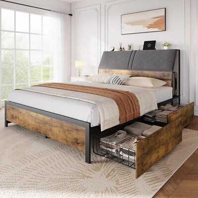 #ad Bed Frame Metal Platform Bed and 4 Large Storage Drawers Ergonomic Headboard $268.99
