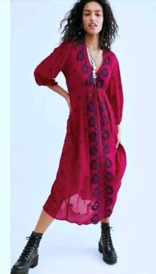 Free People Embroidered V-Neck Midi Dress, Womens, XS, Magenta Combo