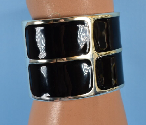 Chico's Bangle Bracelet Silver Tone Black Enamel Clamper Hinged Wide 2" Jewelry