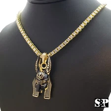 Hip Hop Egyptian Anubis Pendant w/ 1 Row Lab Diamond Tennis Choker Chain Set
