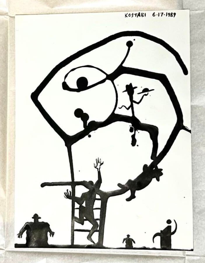 Mark Kostabi 1989 Original Painting Drawing Black Ink on paper
