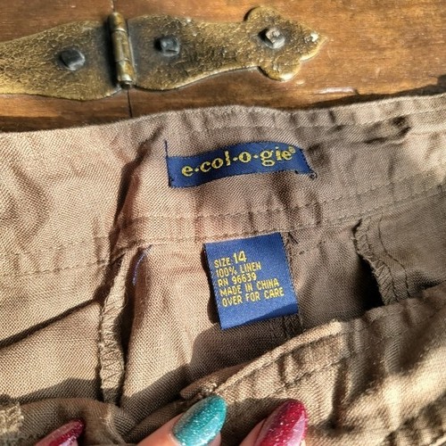 y2k Ecologie 100% lino maxi gonna svasata con cintura tg 14 marrone minimalista costiera - Foto 3 di 7