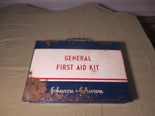 Vintage Johnson & Johnson Wall Mount Blue General First Aid Kit - Full Kit 1949