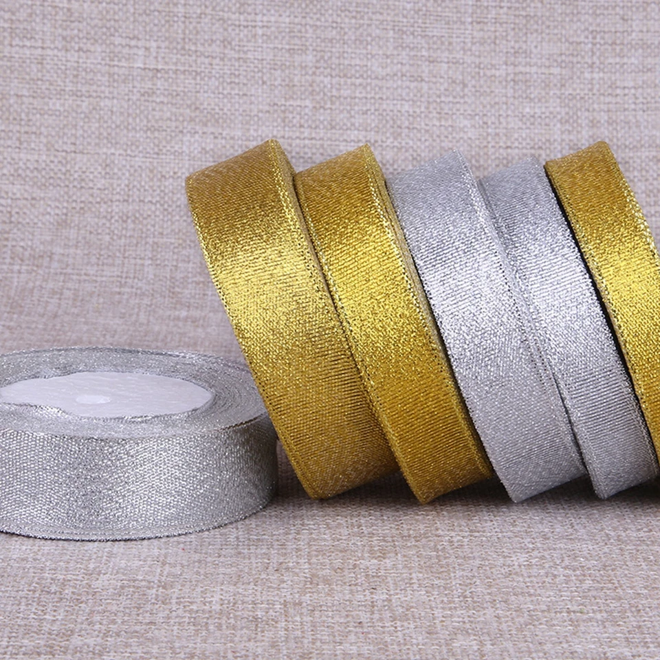 25 Yards Silver Gold Metallic Ribbon 1/4"-3/4" Wedding Christmas Gift Wrap Craft - Image 3 of 4