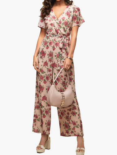 GUESS lässiger Jumpsuit mit Blumenprint Einteiler V-Ausschnitt weite Beine Kurzarm S - Bild 2 von 9