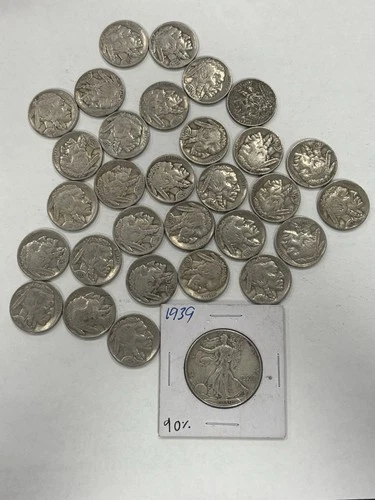 30 Full Date Buffalo Nickels Coin Lot + 90% Silver Walking Liberty Half Dollar