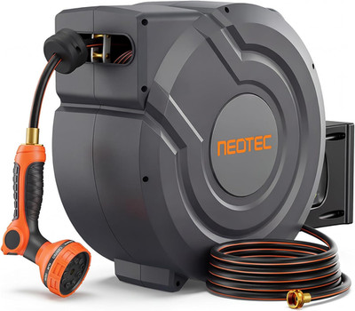 Retractable Garden Hose Reel 90 Ft X 5/8 Inch Automatic Slow Return 9 Sprayer No