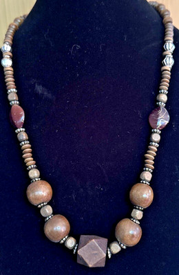 Boho Chic Necklace Mixed Dark Wood & Silver Tone Beaded 24  Long