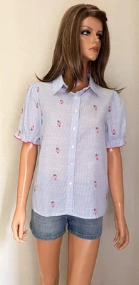 Blouse chemise rayée bleu & blanc broderies petites fleurs IN APRIL 1986 S Neuve - Photo 1/4