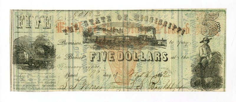 1862 Cr.36A $5 The State of MISSISSIPPI Note - CIVIL WAR Era w/ TRAIN AU+