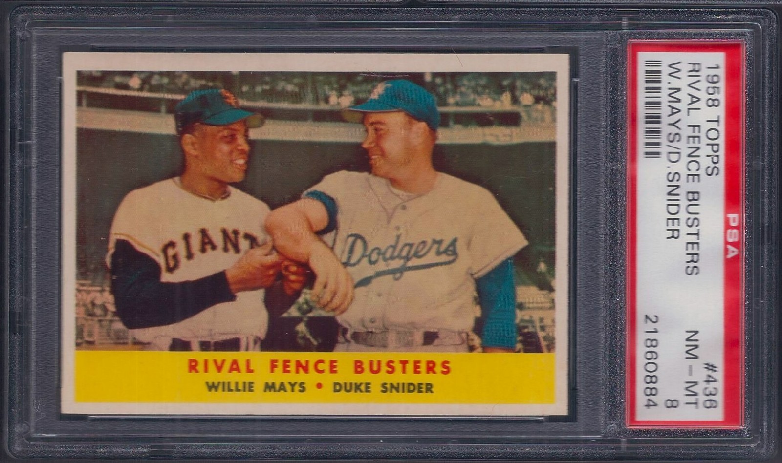 PSA 8 1958 Topps #436 Rival Fence Busters Willie Mays Duke Snider 50/50 BEAUTY!