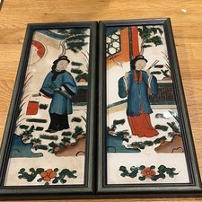 A Pair of Antique 19TH-CENTURY Chinese Reverse Glass Paintings On Glass Framed
