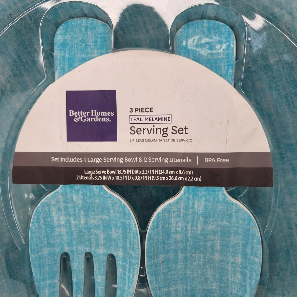 Better Homes and Garden 3 piece Serving Salad Pasta Bowl Teal/Blue Melamine NEW - Image 2 of 4