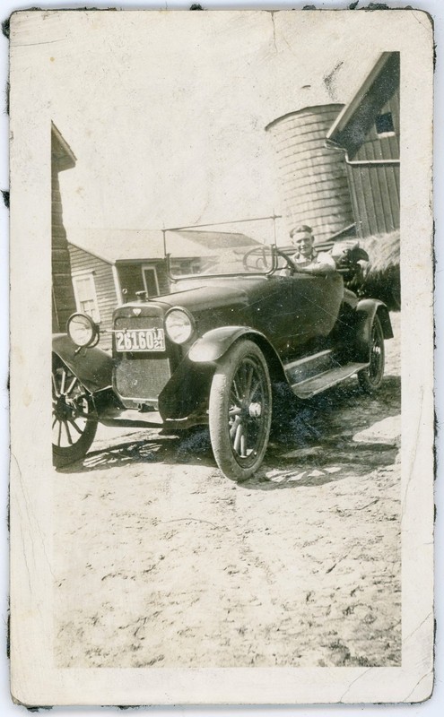 Vintage Snapshot Iowa Farm Boy in 1917 1918 Saxon Roadster Car Silo in Barnyard