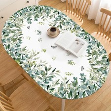 Spring Fitted Tablecloth 68 x 48 Inch Oval, Spring Watercolor Eucalyptus Butt.