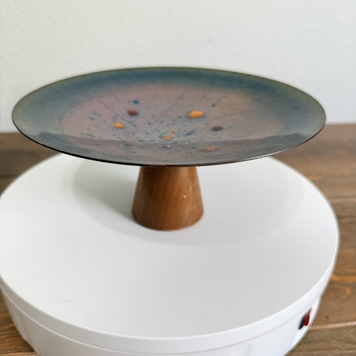 Mid Century Modern Enamel on Copper Footed Plate Bowl Abstract Studio