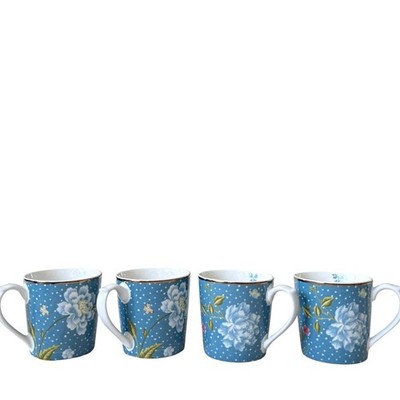 Laura Ashley Porcelain Blue Floral Mugs 10oz Set of 4 Gold Accents New