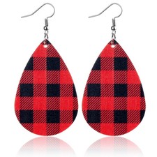 Christmas Earrings for Women Xmas Red Plaid Leather Lightweight Teardrop Dangle