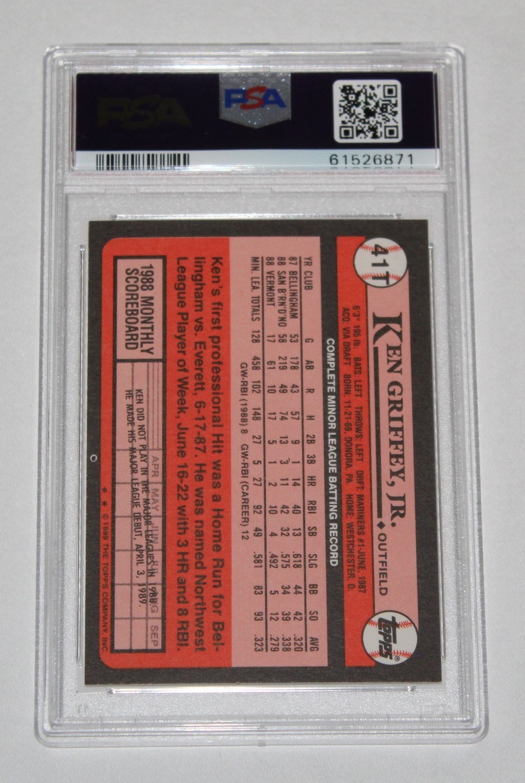 1989 Topps Traded Card #41T KEN GRIFFEY JR. ROOKIE RC Graded PSA 9 MINT view 2
