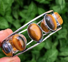 Alluring Tiger's Eye Gemstone 10 Stone Bangle 925 Silver Plated Handmade Jewelry