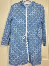 Lands' End Size MP Hoodie Dress Swim Cover Up Blue 100% Cotton Full Zip EUC