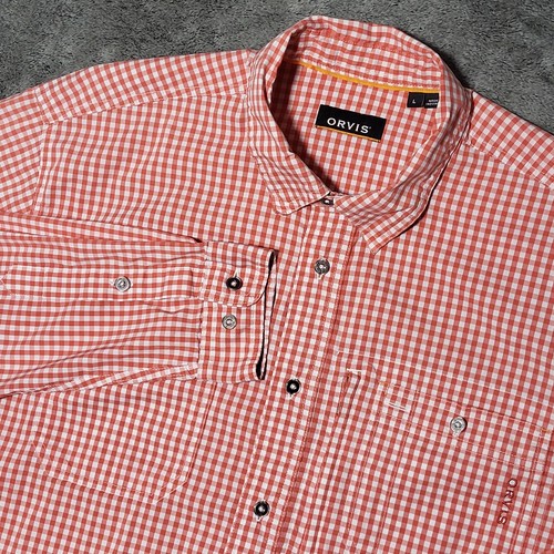Orvis Mens River Guide Large Coral Orange Gingham Check Utility Hiking Fishing