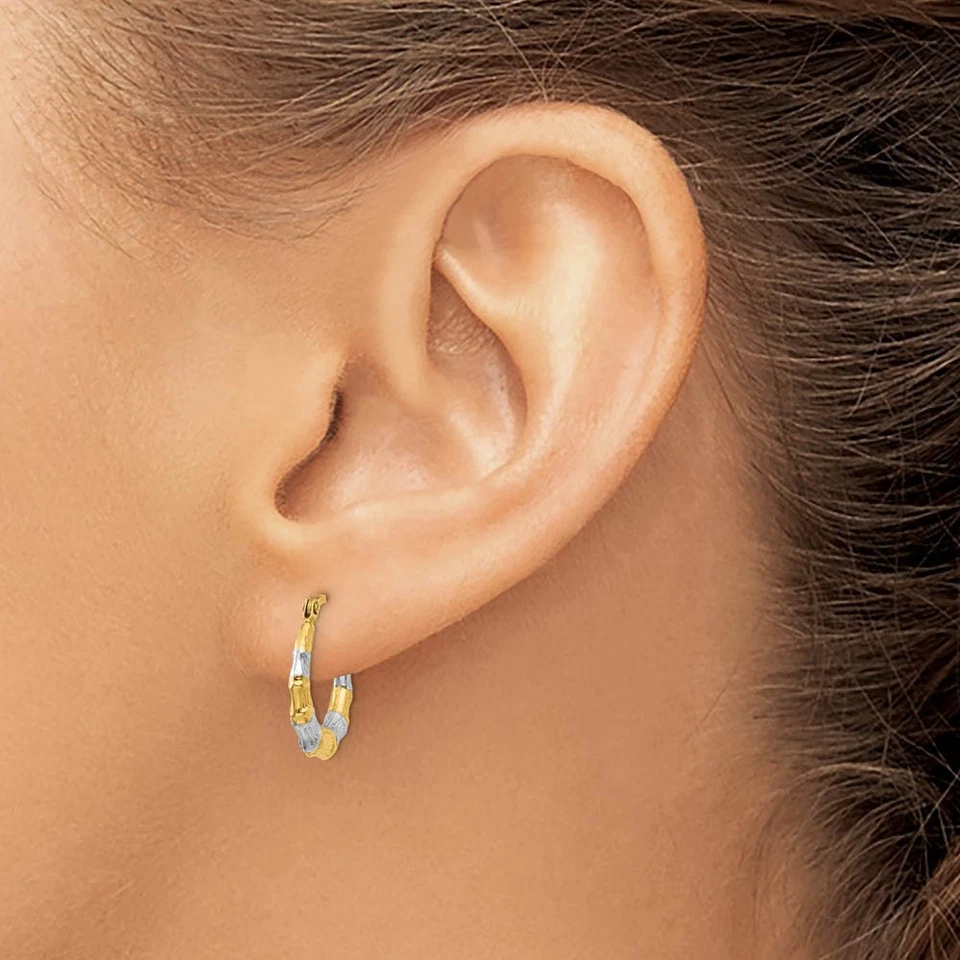 Серьги-кольца из желтого золота 14 карат и белого родия бамбука, 13 мм - Изображение 3 из 4