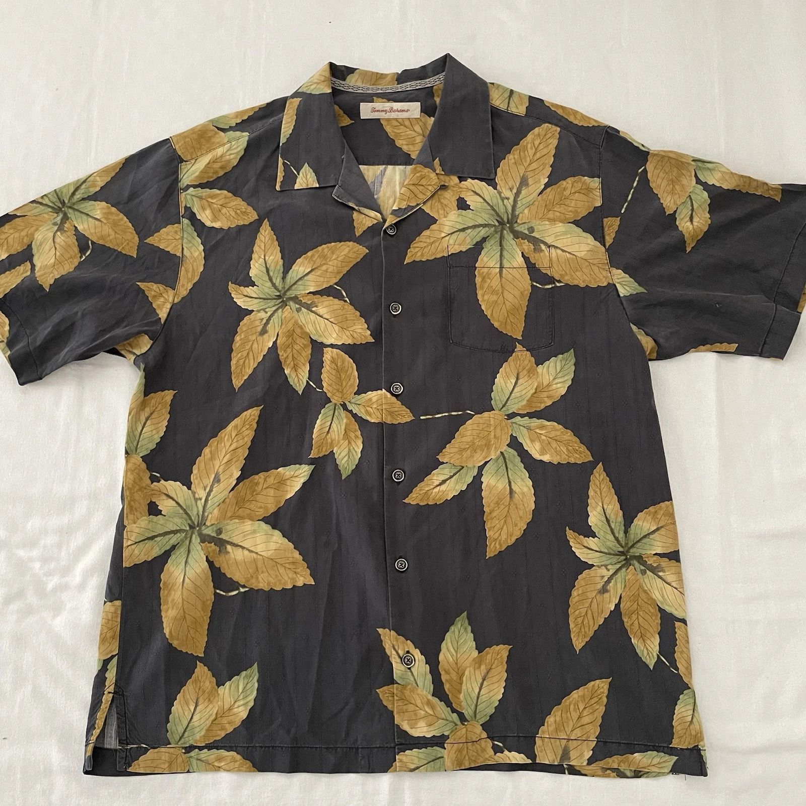 Tommy Bahama Hawaiian Shirt Men LARGE Tropical Floral Silk Gray Golden Leaves