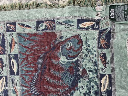 Goodwin Weavers Fishing Throw Blanket Fisherman Lures Tapestry 100% Cotton USA - Picture 10 of 13